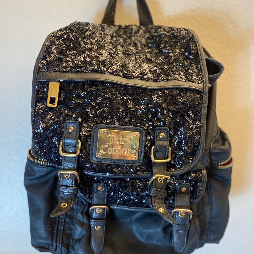 Y2K Juicy Couture Black Sequin Backpack with Gold Accents